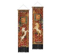 PLIGREAT Confezione da 2 arazzi da parete con cavallo e leone, verticali, vintage, con nappe, per camera da letto, soggiorno, lungo, sottile, decorazione per la casa, regalo