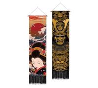 PLIGREAT Confezione da 2 arazzi da parete con danzatore samurai in stile giapponese, verticali, da appendere alla parete con nappe, arazzo lungo decorativo ed estetico per camera da letto, soggiorno