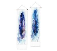 PLIGREAT Confezione da 2 Arazzi di piume blu Appesi a parete verticali con nappe Arazzo estetico da parete per camera da letto Bagno Soggiorno Lungo Stretto Appeso A Parete Home Art Decor