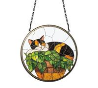 PLIGREAT Gatto carino dipinto che dorme su piante in vaso macchiato Suncatcher finestra arte della parete appeso ornamento acrilico Light Catcher Art Crafts per il giardino casa appeso Decor