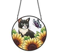 PLIGREAT Gatto Girasole Macchiato Suncatcher Finestra Parete Arte Ornamento Appeso Farfalle Colorate Dipinte Pannello di Vetro Acrilico Mestiere per Giardino Casa Decorazioni Appese Interne ed Esterne