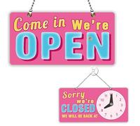 PLIGREAT Targa rosa con personaggi 3D aperti e chiusi, su entrambi i lati, con orologio, scritta "Sorry We Are Closed", per negozi al dettaglio, decorazione da parete per finestre, porte con catena