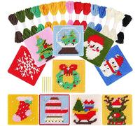 Pllieay Natale 10 in 1 Kit per principianti del punto croce per bambini, include 10 schemi diversi, 10 tele di plastica stampate per il lavoro ad ago, set di cucito iniziale per il punto ad ago