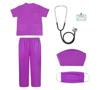 PLLYPE Costume da medico per ragazzi e ragazze, set da 6 pezzi con accessori, scrub da infermiera con pantaloni, stetoscopio, carta d'identità, maschera medica, travestimento natalizio per cosplay per