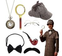 PLLYPE Set di accessori per costume da detective, 5 pezzi, costume da sherlock Holmes, detective cosplay, con cappello da detective, occhiali in metallo, lente d'ingrandimento da uomo, per bambini