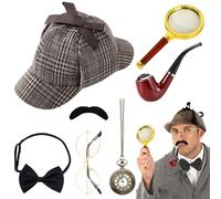 PLLYPE Set Di Accessori Per Costume Da Detective, 7 Pezzi Accessori Per Costume Da Sherlock Holmes Con Cappello Da Detective, Oggetti Di Scena Per Cosplay Da Detective Per Bambini, Adulti