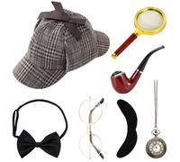 PLLYPE Set di accessori per costume da detective, 7 pezzi, Sherlock Holmes, accessori per costume con cappello da detective, occhiali in metallo, lente d'ingrandimento da uomo, mosca da uomo, per