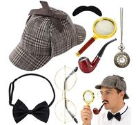 PLLYPE Set di accessori per costume da detective, Sherlock Holmes, con cappello da detective, occhiali in metallo, lente d'ingrandimento, papillon da uomo, barba, accessori per cosplay per bambini e
