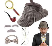 PLLYPE Set di accessori per costume da detective, Sherlock Holmes, con cappello da detective, occhiali in metallo, lente d'ingrandimento, papillon da uomo, barba, accessori per cosplay per bambini e