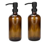 Plomkeest Confezione da 2 dispenser di sapone in vetro spesso 481,9 ml, con pompa in acciaio inox a prova di ruggine nera, dispenser di sapone liquido per bagno, decorazione della cucina