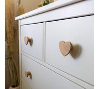 PLT - Maniglie per mobili per bambini, in legno di quercia non trattato, pomello, universale, per cassettiera, armadio, cassetto, porta, cameretta dei bambini, 4, motivo cuore