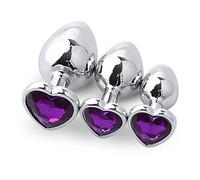 Plug anale 3 pezzi/confezione metallo butt plug cuore perline anali stimolatore acciaio inossidabile gioielli in cristallo tocco morbido anale giocattoli del sesso per adulti (viola intenso)