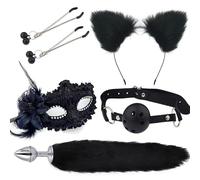 Plug anale 5 pz/set Red Sex Toys Cosplay Maschera Sexy Coda Plug Anale in Metallo Bocca Plug Clip Bell Mezze Orecchie Party BDSM (nero 2)