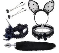 Plug anale 5 pz/set Red Sex Toys Cosplay Maschera Sexy Coda Plug Anale in Metallo Bocca Plug Clip Bell Mezze Orecchie Party BDSM (nero 3)