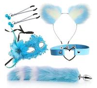 Plug anale 5 pz/set Red Sex Toys Cosplay Maschera Sexy Coda Plug Anale in Metallo Bocca Plug Clip Bell Mezze Orecchie Party BDSM (Blu 3)