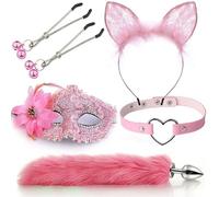 Plug anale 5 pz/set Red Sex Toys Cosplay Sexy Maschera Coda Plug Anale in Metallo Bocca Plug Clip Bell Mezze Orecchie Party BDSM (Rosa 3)