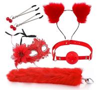Plug anale 5 pz/set Rosso Giocattoli Del Sesso Cosplay Maschera Sexy Coda di Metallo Plug Anale Bocca Plug Clip Campana Mezze Orecchie Partito BDSM (ROSSO 2)