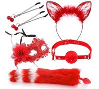 Plug anale 5 pz/set Rosso Giocattoli Del Sesso Cosplay Maschera Sexy Coda di Metallo Plug Anale Bocca Plug Clip Campana Mezze Orecchie Partito BDSM (ROSSO 1)
