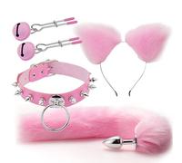 Plug anale Coda Plug anale Orecchie di gatto Fasce per capelli Set Giochi per adulti Collare con clip Cosplay erotico Giocattoli sessuali Coppia BDSM (pink2)