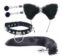 Plug anale Coda Plug anale Orecchie di gatto Fasce per capelli Set Giochi per adulti Collare con clip Cosplay erotico Giocattoli sessuali Coppia BDSM (nero2)
