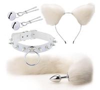 Plug anale Coda Plug anale Orecchie di gatto Fasce per capelli Set Giochi per adulti Collare con clip Cosplay erotico Giocattoli sessuali Coppia BDSM (bianco2)