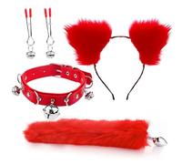 Plug anale Coda Plug anale Orecchie Fasce per capelli Set Giochi per adulti Collare con clip Cosplay erotico Giocattoli sessuali Coppia (rosso3)