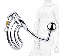 Plug anale Gancio anale con gabbia per pene Plug anale in metallo Butt plug Gabbia di castità Bondage maschile Palline anali Gancio anale Castità con serratura e chiave Giocattolo sessuale(Ø50mm)