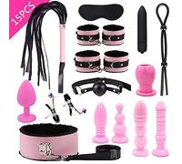 Plug anale Giochi per adulti 7/8/11/15pcs BDSM Bondage Kit Manette Collare a frusta Morsetti per capezzoli Frusta Plug anale Vibratore Butt Plug SM Giocattoli sessuali (15 pezzi rosa)