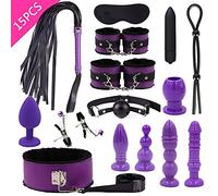 Plug anale Giochi per adulti 7/8/11/15pcs BDSM Bondage Kit Manette Frusta Collare Morsetti per capezzoli Frusta Anal Plug Vibratore Butt Plug SM Sex Toys (15pcs Viola)