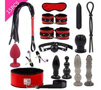 Plug anale Giochi per adulti 7/8/11/15pcs BDSM Bondage Kit Manette Frusta Collare Morsetti per capezzoli Frusta Plug anale Vibratore Butt Plug SM Sex Toys (15 pezzi rosso)