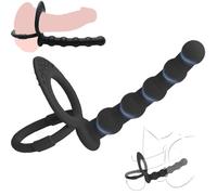 Plug Anale Silicone Nero con Perle Anali e Anello Penile per Stimolazione Doppia Anal/Vaginale Per Coppie