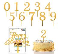 Plug-in per torta con 10 numeri, 1 plug-in di buon compleanno, set di plug-in mini 0-9, forniture per la decorazione di torte in acrilico, adatto per feste di compleanno, feste di anniversario(oro)