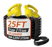 PlugSaf 25 FT 30 Amp RV Extension Cord Outdoor with Grip Handle, Flexible Heavy Duty 10/3 Gauge STW RV Power Cord Waterproof with Cord Organizer, NEMA TT-30P to TT-30R, Black-Yellow, ETL Listed