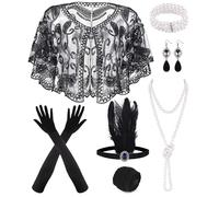 PLULON 10 Pezzi Flapper Anni '20 Grande Gatsby Set di Accessori Moda Roaring Anni '20 Set a Tema con Fascia Copricapo Guanti Neri Lunghi Collana Orecchini per Le Donne (Black)