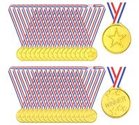 PLULON 60 Pezzi Medaglie d'oro per Bambini, Medaglie Vincitore in plastica Premio Medaglia d'oro per Bambini con Nastri al Collo per Competizioni di Feste per la Giornata dello Sport Scolastico (Oro)
