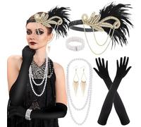 PLULON 7 Pezzi Anni '20 Flapper Great Gatsby Accessori Set Moda Ruggenti Anni '20 Tema Set con Fascia Copricapo Lunghi Guanti Neri Collana Orecchini per Donne (Stile 4)