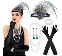 PLULON 7 Pezzi Anni '20 Flapper Great Gatsby Accessori Set Moda Ruggenti Anni '20 Tema Set con Fascia Copricapo Lunghi Guanti Neri Collana Orecchini per Donne (Stile 5)
