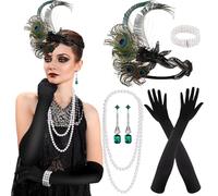 PLULON 7 Pezzi Anni '20 Flapper Great Gatsby Accessori Set Moda Ruggenti Anni '20 Tema Set con Fascia Copricapo Lunghi Guanti Neri Collana Orecchini per Donna (Stile 6)