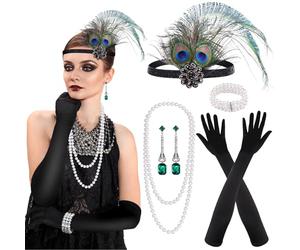 PLULON 7 Pezzi Anni '20 Flapper Great Gatsby Accessori Set Moda Ruggenti Anni '20 Tema Set con Fascia Copricapo Lunghi Guanti Neri Collana Orecchini per Donne (Stile 5)
