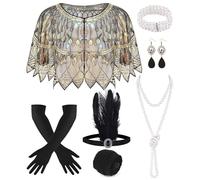 PLULON 8 pezzi Set di accessori flapper anni '20 per donna, abiti del Grande Gatsby, scialli di paillettes, abiti ruggenti anni '20 per feste con fascia per capelli in piume