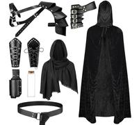 PLULON 9 Pezzi Costume da Cavaliere Medievale Uomo Mantello con Cappuccio Scialle Cintura in Pelle Una Spalla Armatura Fibbia Bracciali Spada Rana Rinascimento Accessori retrò Costumi feste Halloween
