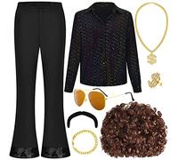 PLULON 9 pezzi Discoteca uomo anni '70 Costume Dude Camicia paillettes Set pantaloni fondo a campana occhiali sole parrucca Accessori discoteca anello a catena con simbolo del dollaro e baffi