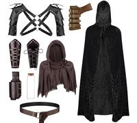 PLULON 9 Pz Costume da Cavaliere Medievale Uomo Corsetto Rinascimentale Mantello con Cappuccio Scialle Retrò Cintura in Pelle PU Spalla Armatura Fibbia Bracciali Spada Rana