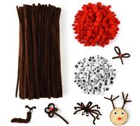 PLULON 922 Pezzi Scovolini Natalizi Set Artigianale Scovolini Marroni Steli in Ciniglia con Pompon Rossi Occhi Finti per Forniture Natalizie Fai da Te