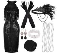 PLULON Abito anni '20 con frange di paillettes e perline con set di accessori ruggenti anni '20 Abito Gatsby con scollo a V con copricapo di piume Guanti Collana Orecchini dorati per donna