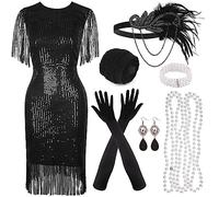 PLULON Abito anni '20 con frange di paillettes e perline con set di accessori ruggenti anni '20 Abito Gatsby con scollo a V con copricapo di piume Guanti Collana Orecchini dorati per donna