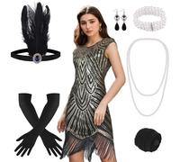 PLULON Abito flapper con frange e paillettes in rilievo anni '20 con set di accessori anni '20