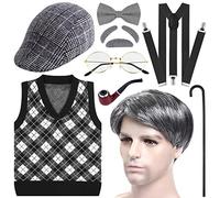 PLULON Costume da 100 Giorni di Scuola per Ragazzi 9 Pezzi Costume di Halloween da Vecchio Cappello, Occhiali e Gilet del Nonno Set per Bambino (3T(3-4yr), Gray Plaid)