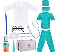 PLULON Kit Costume Dottore Bambini Cappotto Pantaloni Blu Scrub Top Vassoio Stetoscopio Realistico Bisturi Borsa Trasporto Accessori Set Giochi Finzione Ragazzi Ragazze Costumi feste Halloween