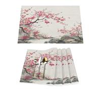 Plum Bossom - Set di 4 tovagliette in vinile con motivo floreale cinese, per tavoli da pranzo, resistenti al calore, lavabili, in PVC